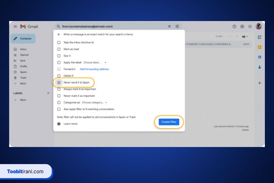 راهنمای گامبهگام اضافه کردن Toobit به لیست سفید ایمیل