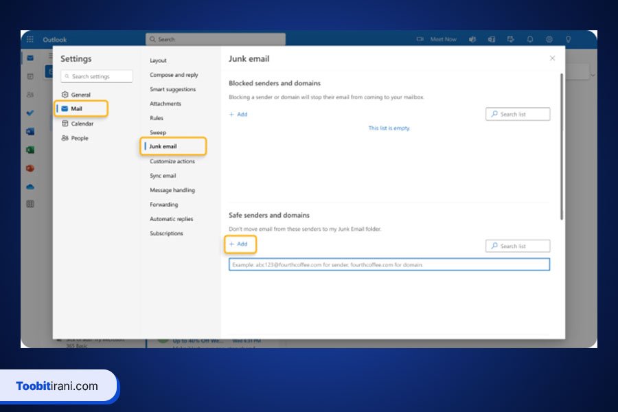 راهنمای گامبهگام اضافه کردن Toobit به لیست سفید ایمیل